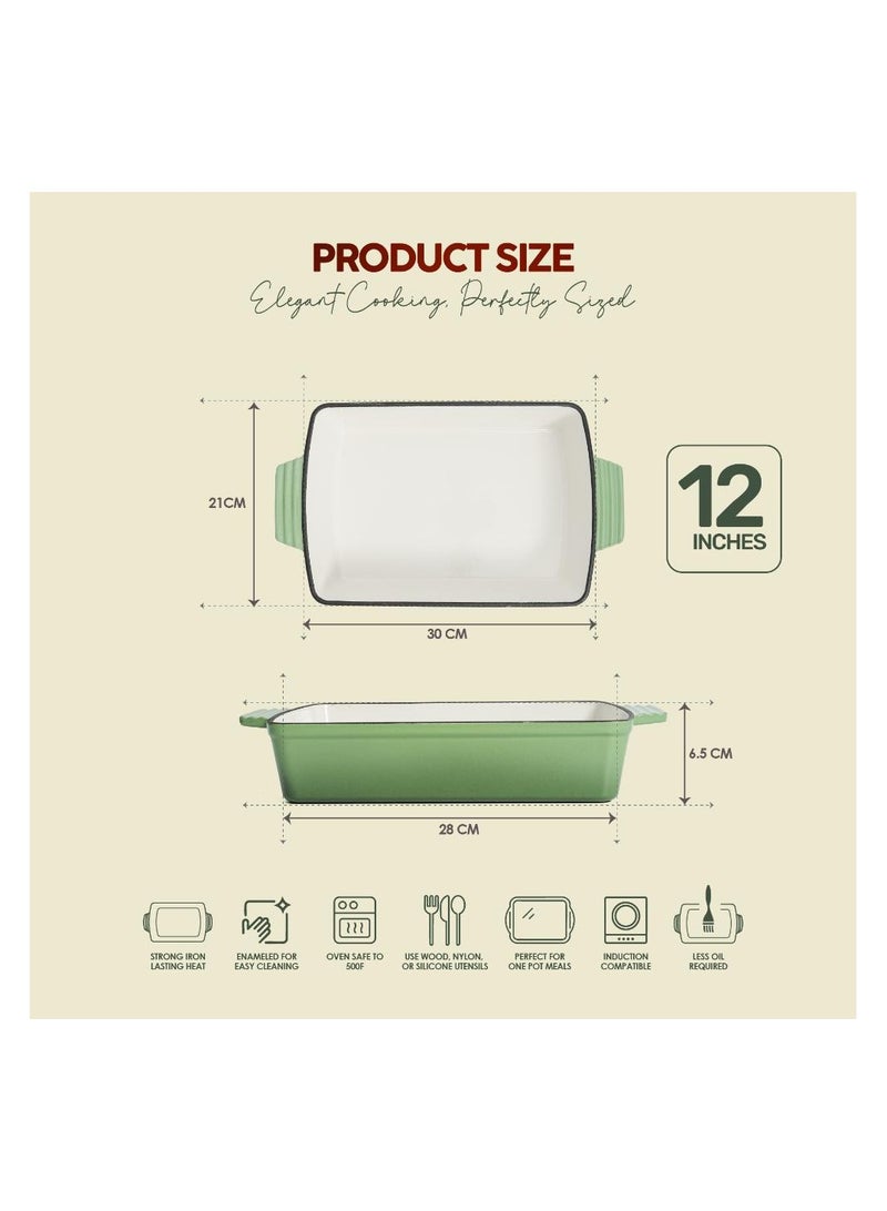 VAV طبق الشواء المستطيل من الحديد الزهر المينا VAV GET الصحي والآمن، (12 بوصة، أخضر) متوافق مع الفرن والحث، سهل التنظيف وغير لاصق - Image 2