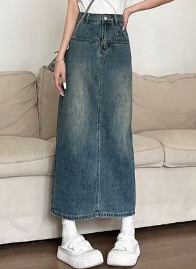YUNIQEE تنورة ماكسي A-Line من الدنيم للنساء - Image 1