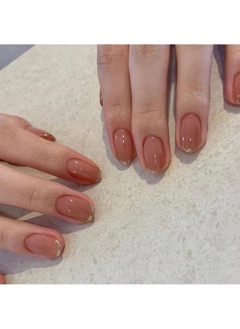 Gold Thread Mid-length Press on Nails 24Pcs
