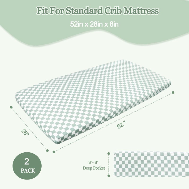 DILIMI Muslin Crib Sheets for Baby Boys and Girls, 2 Packs Ultra-Soft Breathable Baby Crib Sheet for Standard Crib and Toddler Mattress, Green and Checkered - Image 4