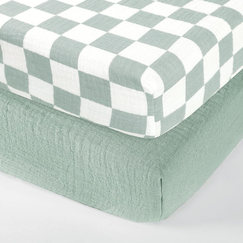 DILIMI Muslin Crib Sheets for Baby Boys and Girls, 2 Packs Ultra-Soft Breathable Baby Crib Sheet for Standard Crib and Toddler Mattress, Green and Checkered - Image 1