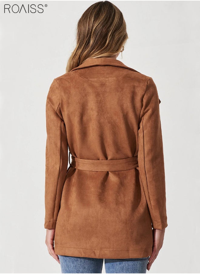roaiss - Women's Fashion Suede Lapel Coat Casual Solid Color Long Sleeved Cardigan Mid Length Waistband Soft Trench Coat - Image 1