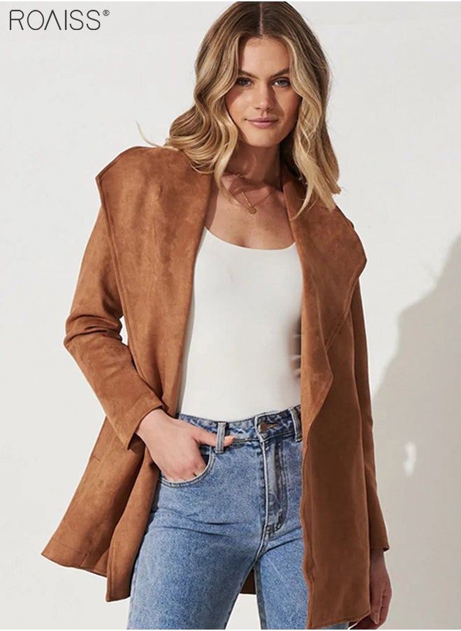 roaiss - Women's Fashion Suede Lapel Coat Casual Solid Color Long Sleeved Cardigan Mid Length Waistband Soft Trench Coat - Image 1