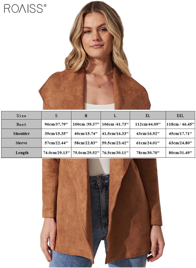 roaiss - Women's Fashion Suede Lapel Coat Casual Solid Color Long Sleeved Cardigan Mid Length Waistband Soft Trench Coat - Image 1