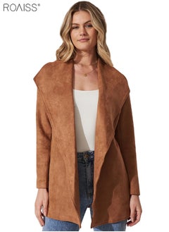 roaiss Women's Fashion Suede Lapel Coat Casual Solid Color Long Sleeved Cardigan Mid Length Waistband Soft Trench Coat  - Image 5
