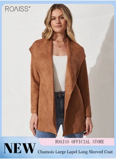 roaiss Women's Fashion Suede Lapel Coat Casual Solid Color Long Sleeved Cardigan Mid Length Waistband Soft Trench Coat  - Image 1