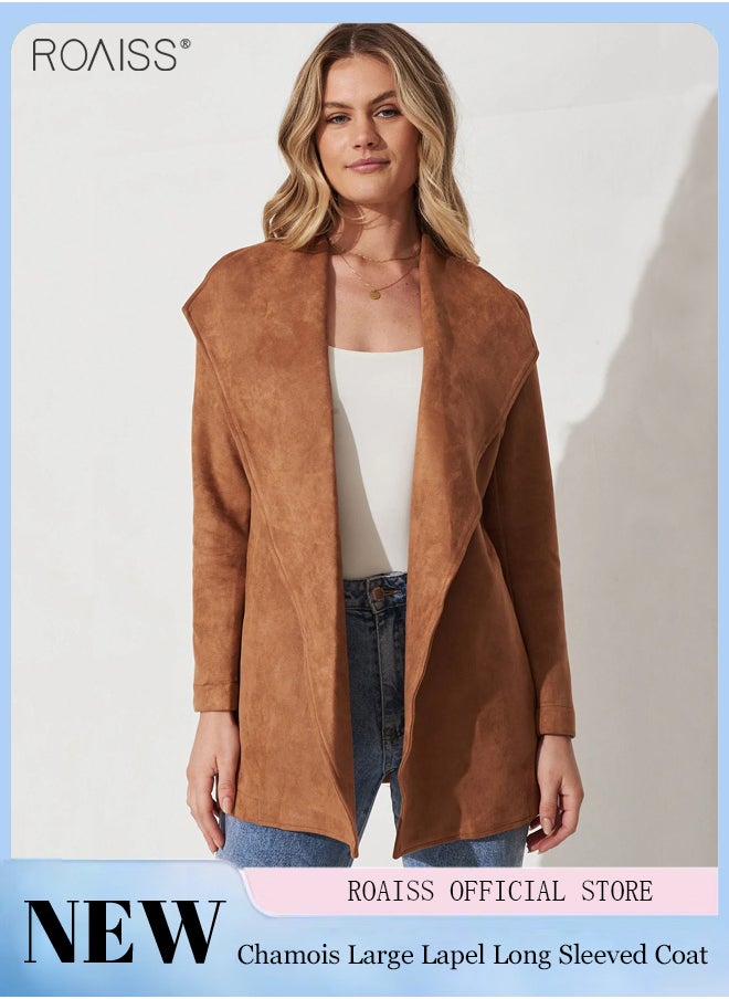 roaiss - Women's Fashion Suede Lapel Coat Casual Solid Color Long Sleeved Cardigan Mid Length Waistband Soft Trench Coat - Image 1
