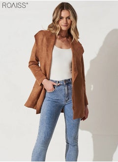roaiss Women's Fashion Suede Lapel Coat Casual Solid Color Long Sleeved Cardigan Mid Length Waistband Soft Trench Coat  - Image 2