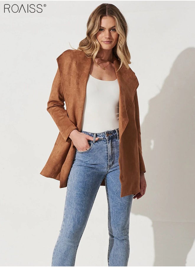 roaiss - Women's Fashion Suede Lapel Coat Casual Solid Color Long Sleeved Cardigan Mid Length Waistband Soft Trench Coat - Image 1