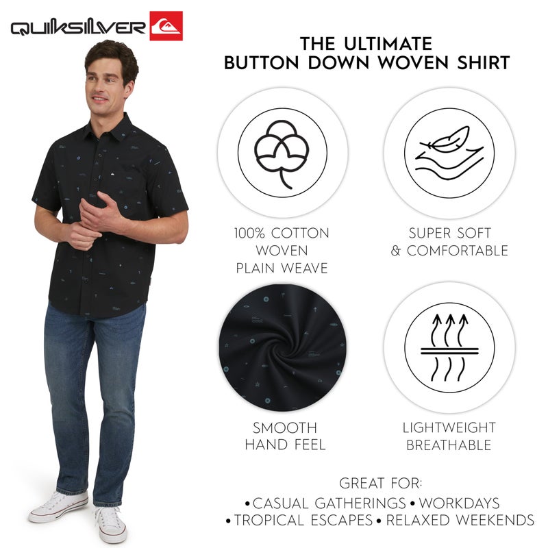 QUIKSILVER قميص كويك سيلفر للرجال بقصة عادية من القطن الناعم الفاخر بأكمام قصيرة مزود بأزرار، أسود، كبير - Image 3