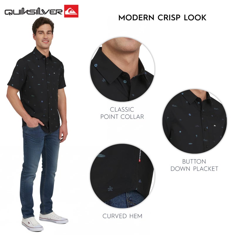 QUIKSILVER قميص كويك سيلفر للرجال بقصة عادية من القطن الناعم الفاخر بأكمام قصيرة مزود بأزرار، أسود، كبير - Image 4