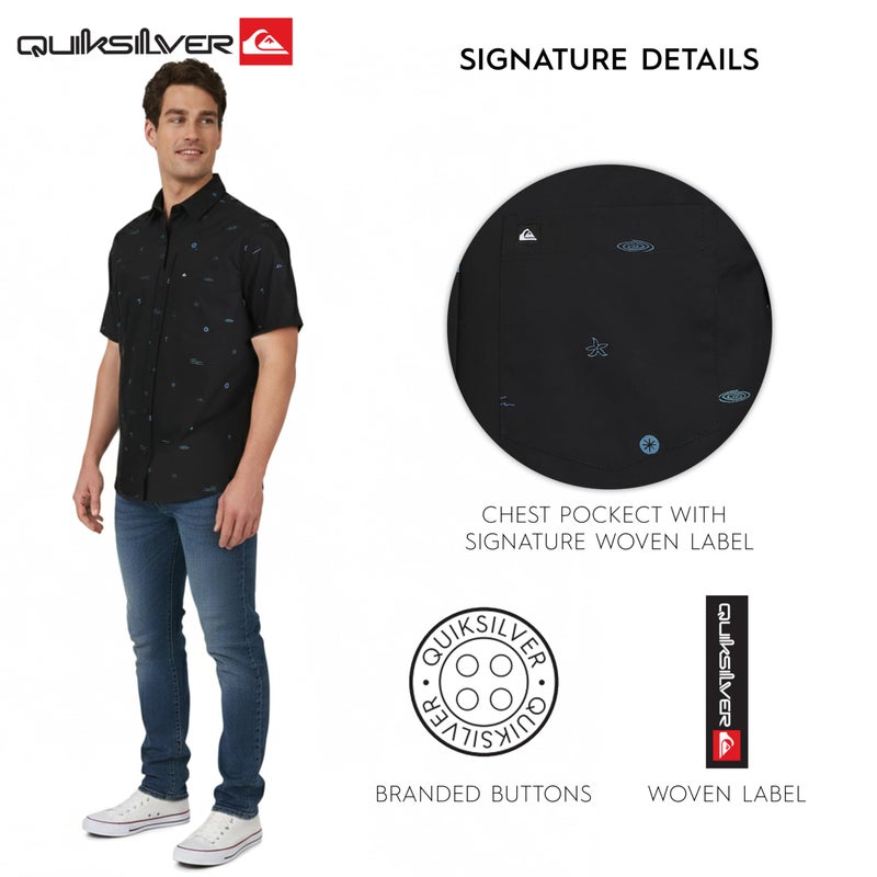QUIKSILVER قميص كويك سيلفر للرجال بقصة عادية من القطن الناعم الفاخر بأكمام قصيرة مزود بأزرار، أسود، كبير - Image 5