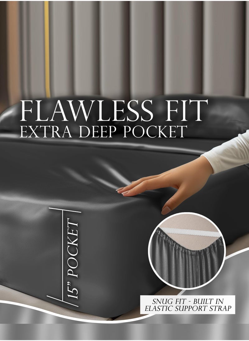 Arabest 4 Piece Luxury Silk Feel Satin Sheet & Pillowcase Sets Full Bedding Set 1 Flat Sheet 1 Fitted Sheet  2 Pillow Cases  Silky Satin Dark Grey  - Image 3