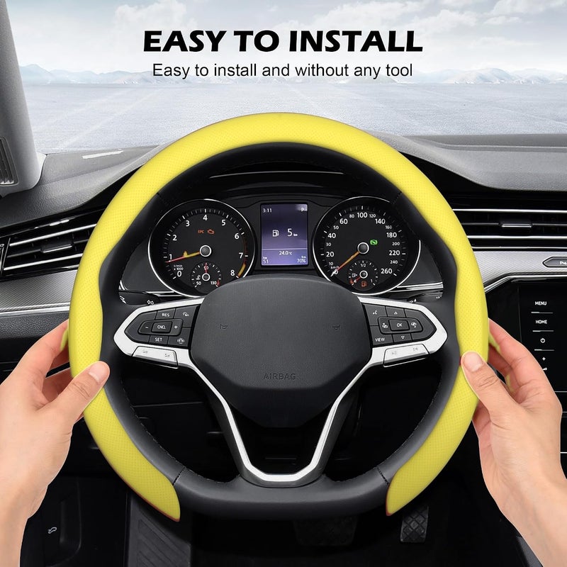 frani Leather Steering Wheel Cover, Universal 15 Inch Premium Non-Slip Steering Wheel Cover Yellow - Image 4