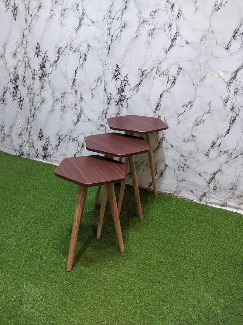 Hexagonal Nesting End Tables Set of 3, Wooden Top Side Tables