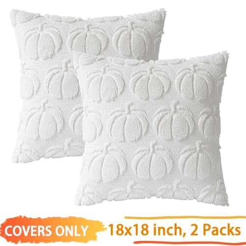 COSIBONO Pumpkin Fall Decorative Throw Pillow Covers 18"x18", Set of 2 Cream White Soft Faux Fur Pillow Covers for Autumn Harvest, Fluffy Plush Accent Pillow Cases for Farmhouse Couch Cushion Covers - Image 3