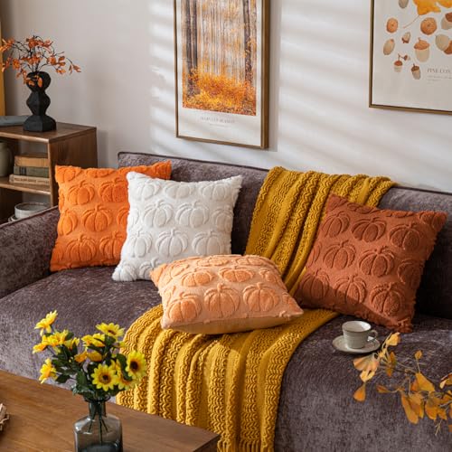 COSIBONO Pumpkin Fall Decorative Throw Pillow Covers 18"x18", Set of 2 Cream White Soft Faux Fur Pillow Covers for Autumn Harvest, Fluffy Plush Accent Pillow Cases for Farmhouse Couch Cushion Covers - Image 5