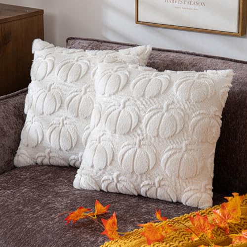 COSIBONO Pumpkin Fall Decorative Throw Pillow Covers 18"x18", Set of 2 Cream White Soft Faux Fur Pillow Covers for Autumn Harvest, Fluffy Plush Accent Pillow Cases for Farmhouse Couch Cushion Covers - Image 1