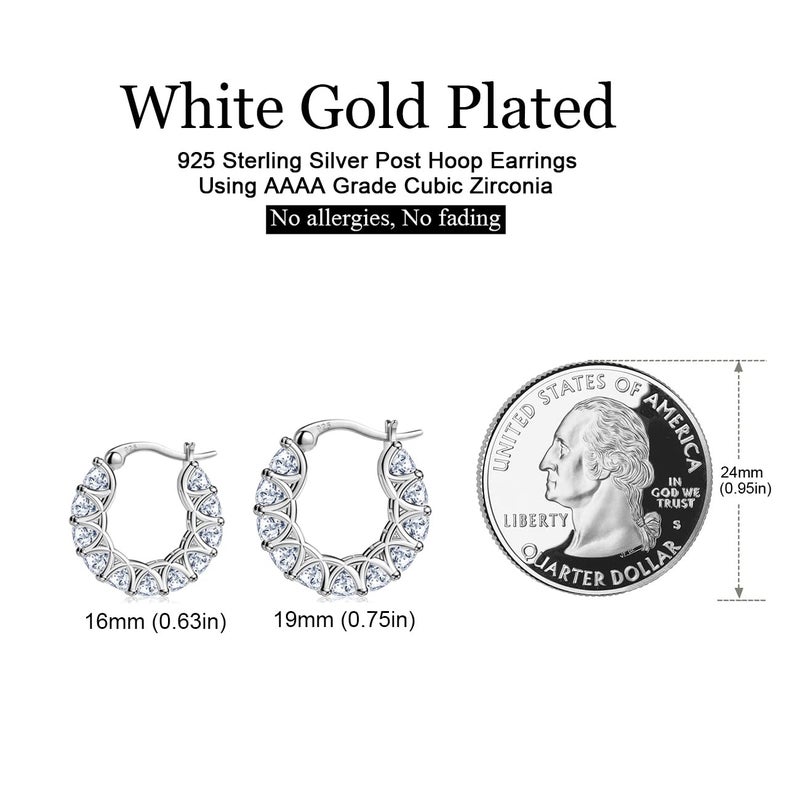 Allencoco Cubic Zirconia Huggie Hoop Earrings - Jewelry For Women, 14K Gold, 925 Sterling Silver Post Hypoallergenic (White Gold CZ Hoop 16mm) - Image 4
