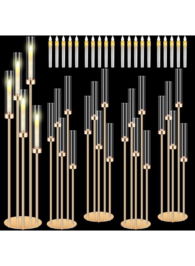 Tandefio 4 Sets Acrylic Candelabra Centerpieces 42.5" Tall Clear Candle Holders Pillar Taper Candlestick with Lampshades 5 Arm Floor Candelabra Stand for Wedding Christmas Ceremony Dinner Party - Image 1