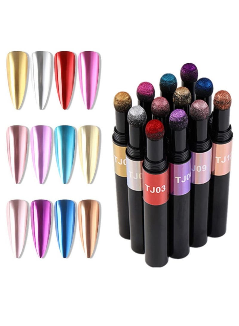 Chrome Nail Powder Kit, Air Cushion Nail Art Pen, Holographic Nail Powder Sponge Stick Mirror Effect, Nail Polish Pens Acrylic Nail Powder (12 Colorful) - Image 1