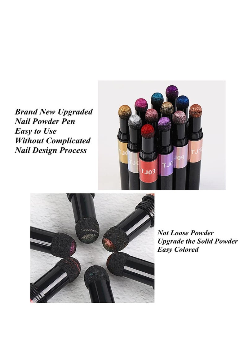 Chrome Nail Powder Kit, Air Cushion Nail Art Pen, Holographic Nail Powder Sponge Stick Mirror Effect, Nail Polish Pens Acrylic Nail Powder (12 Colorful) - Image 3