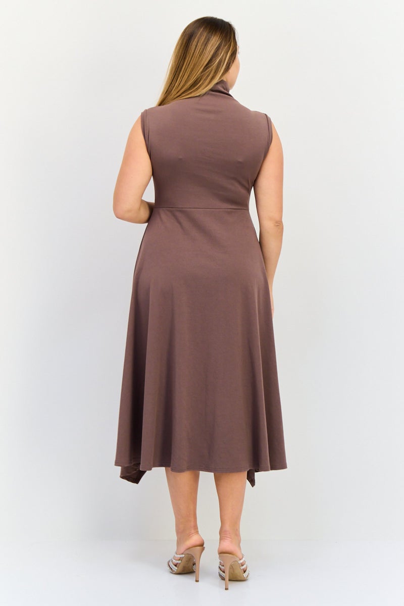 bebe Women Solid Midi Dress, Brown  - Image 2