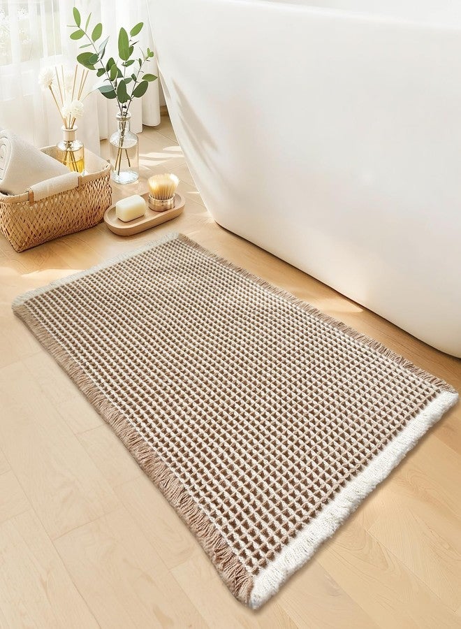 GRLYUH Waffle Bath Mat - Boho Bathroom Rugs Non Slip Washable, Super Absorbent & Quick Dry, Small Bath Mats Farmhouse Bathroom Decor, 18'' x 30'', Khaki and White - Image 1