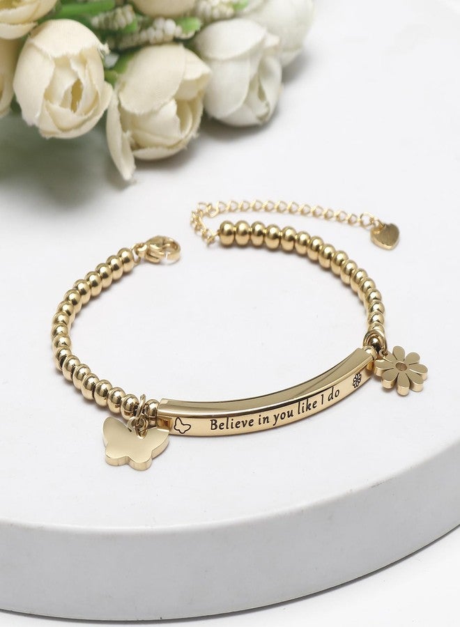 DS Motivational Tube Bracelet For Women Butterfly Daisies Charm Believe in you like i do Inspirational Friendship Bracelets Exquisite Stainless Steel Jewelry Gift To Daughter Best Friend Bestie-Gold - Image 2