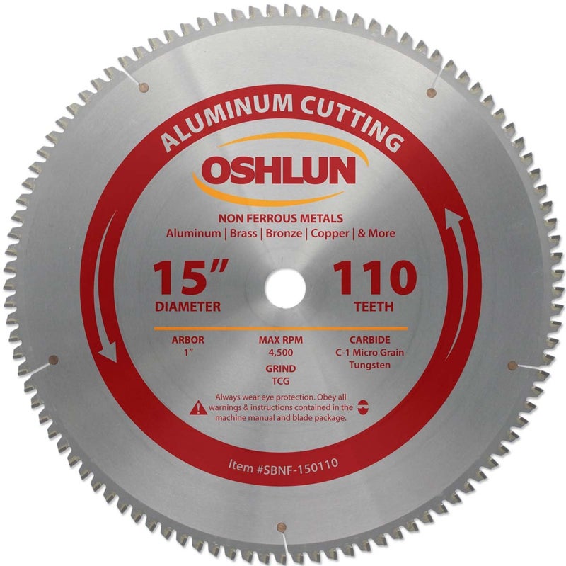 Oshlun SBNF150110 15Inch 110 Tooth TCG Saw Blade with 1Inch Arbor for Aluminum and Non Ferrous Metals