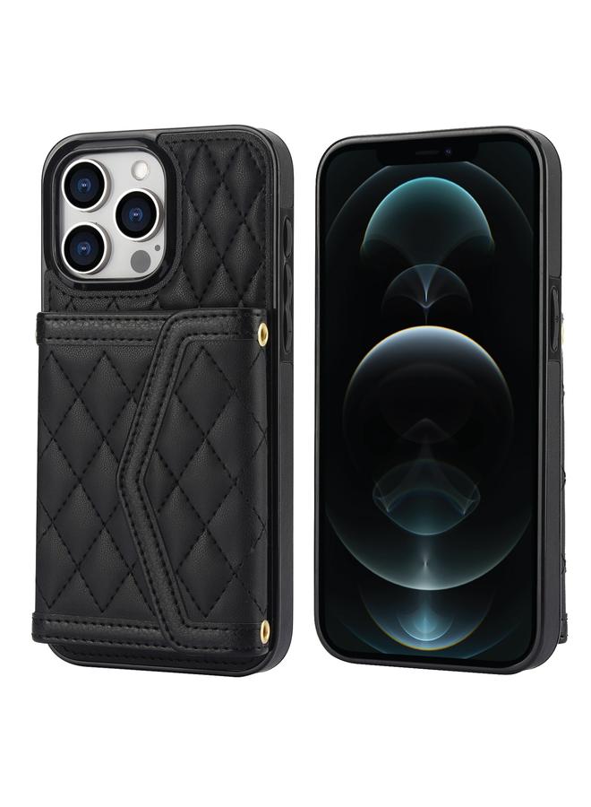 Zaboon Case For iPhone 12 Pro Max Splicing Rhombic Texture Card Bag Phone Case with Long Lanyard - Image 1