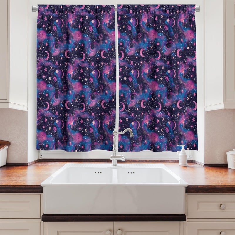 Ambesonne Psychedelic Art Kitchen Curtains  Abstract Modern Starry Sky with Moon and Paintbrush Dots Back  Window Drapes 2 Panel Set for Kitchen Cafe Decor  55"" x 39""  Dark Night Blue Fuchsia - Image 2