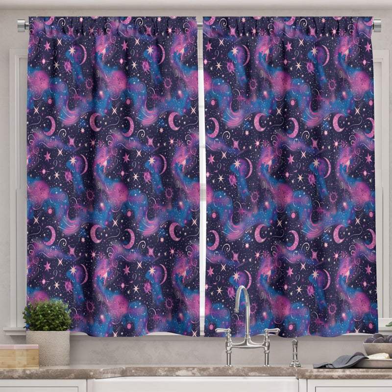 Ambesonne Psychedelic Art Kitchen Curtains  Abstract Modern Starry Sky with Moon and Paintbrush Dots Back  Window Drapes 2 Panel Set for Kitchen Cafe Decor  55"" x 39""  Dark Night Blue Fuchsia - Image 1