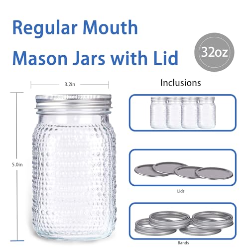 LUODA MirthMood 32 OZ Wide Mouth Mason Jars, 4 PACK Glass Mason Jars with airtight Lids, Quart mason jars wide mouth for Preserving, Meal Prep, Overnight Oats, Sauces,Honey, Jam, Yogurt or Jar Decor - Image 2