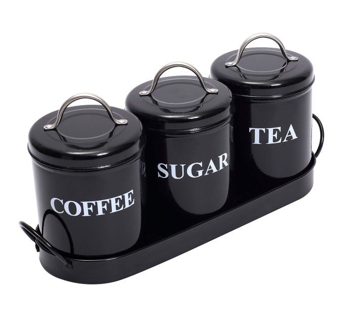 TEA COFFEE SUGAR CANISTERS 3 PIECE OF METAL FOOD STORAGE TIN KITCHEN CANISTER SET WITH METAL TRAY DRY FOOD STORAGE CONTAINERS FOR TEA COFFEE SUGARBLACK