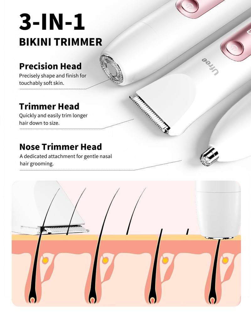 Ufree Bikini Trimmer Electric Razors for Women Dual Head, Pubic Body Hair Trimmer Electric Shaver for Face, Legs, Arm, Rechargeable Lady Shaver Waterproof, Summer Grooming Kit, Gifts for Her - Image 2