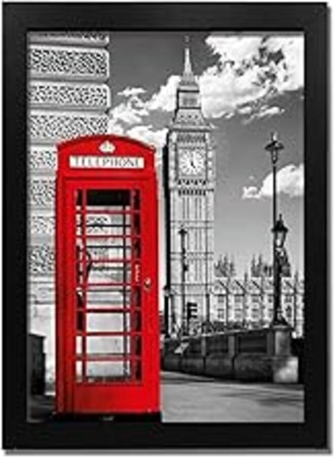LONDON RED PHONE BOOTH B&W - BLACK - Wooden Frame with Glass - Printed Poster Tableau wall art BZL-130-24322-BK