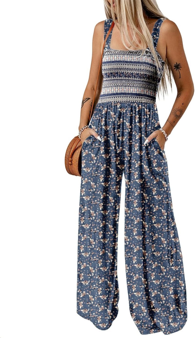 Dokotoo Women's Casual Loose Overalls One Piece Sleeveless Jumpsuits for Women Stretchy Wide Leg Long Pant Rompers Jumpsuit with Pockets Printed 2026 Fashion Small Blue - Image 1