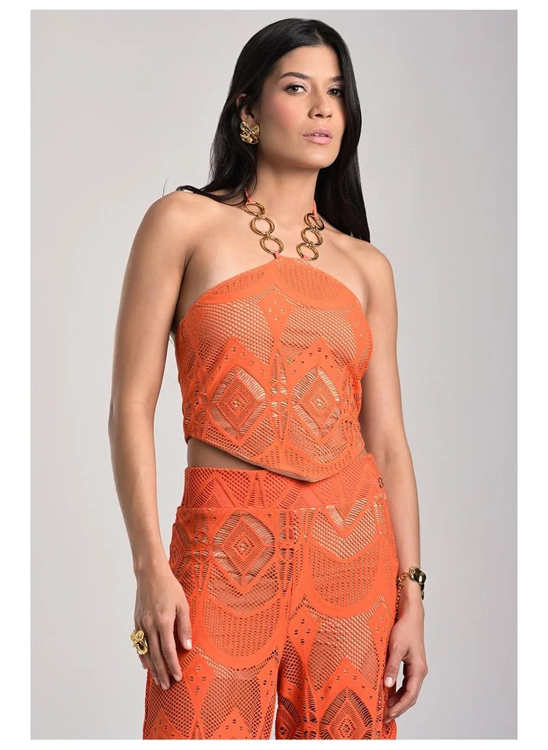 Carmen Steffens Orange Halter Neck Cropped Top with Metal Strap