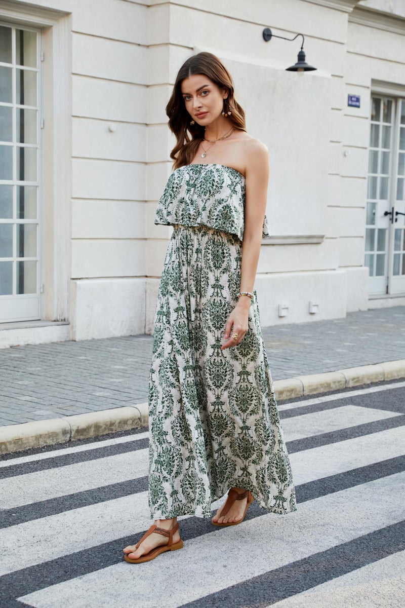 ZMPSIISA Women's Summer Off The Shoulder Maxi Dress Ruffle Strapless Blue White Porcelain Boho Casual Loose Long Dresses(A-Porcelain Green,Small) - Image 4