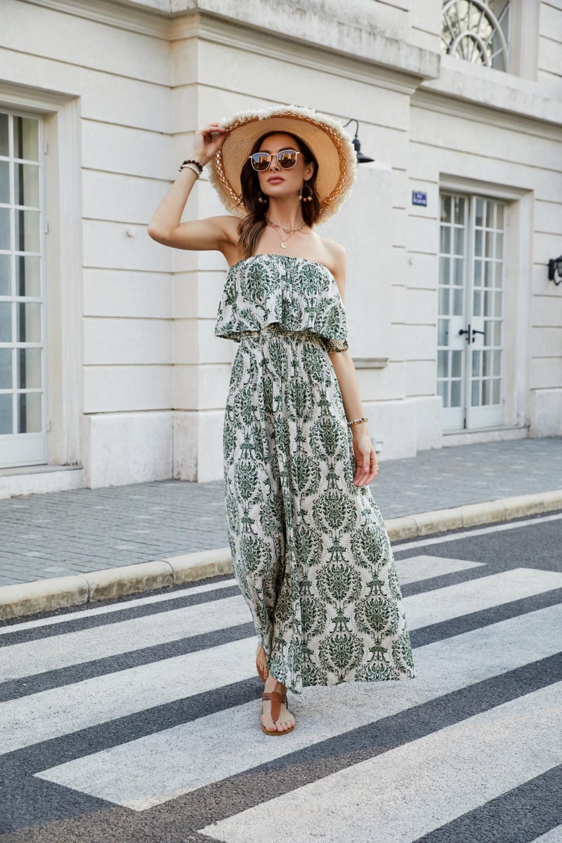ZMPSIISA Women's Summer Off The Shoulder Maxi Dress Ruffle Strapless Blue White Porcelain Boho Casual Loose Long Dresses(A-Porcelain Green,Small) - Image 5