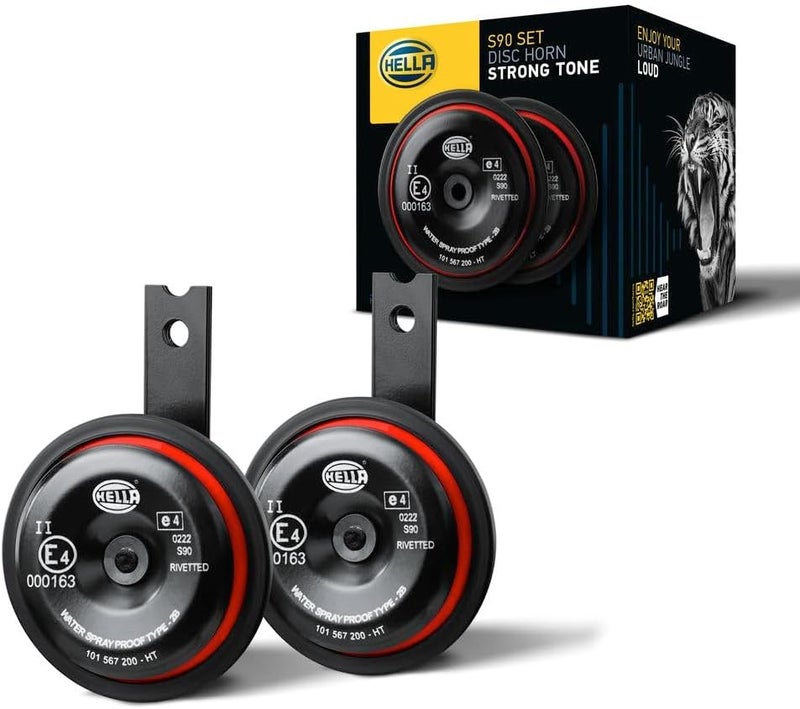 HELLA Horn Style Horn S90 Set 12 V 111 dB(A) Frequency Range: 350/415 Hz Tweet/Low Frequency Electric ECE Housing Colour: Red/Black Blade Connector Quantity: 2 – 3AM 922 000-971 - Image 1
