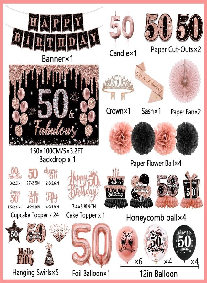 Peghoqu 50th Birthday Decorations for Women,Rose Gold 50th Birthday Decorations,Happy 50th Birthday Banner, Balloons,Hanging Swirls,Cake Topper,Backdrop,Crown,Sash,Paper Fans,for 50 Years Old Birthday Decor - Image 4