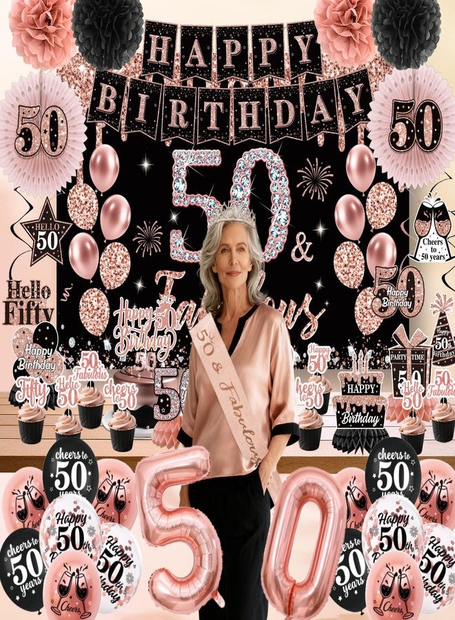 Peghoqu 50th Birthday Decorations for Women,Rose Gold 50th Birthday Decorations,Happy 50th Birthday Banner, Balloons,Hanging Swirls,Cake Topper,Backdrop,Crown,Sash,Paper Fans,for 50 Years Old Birthday Decor - Image 3