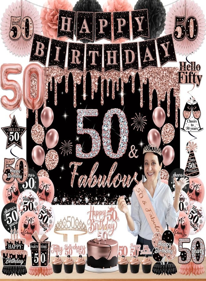 Peghoqu 50th Birthday Decorations for Women,Rose Gold 50th Birthday Decorations,Happy 50th Birthday Banner, Balloons,Hanging Swirls,Cake Topper,Backdrop,Crown,Sash,Paper Fans,for 50 Years Old Birthday Decor - Image 1