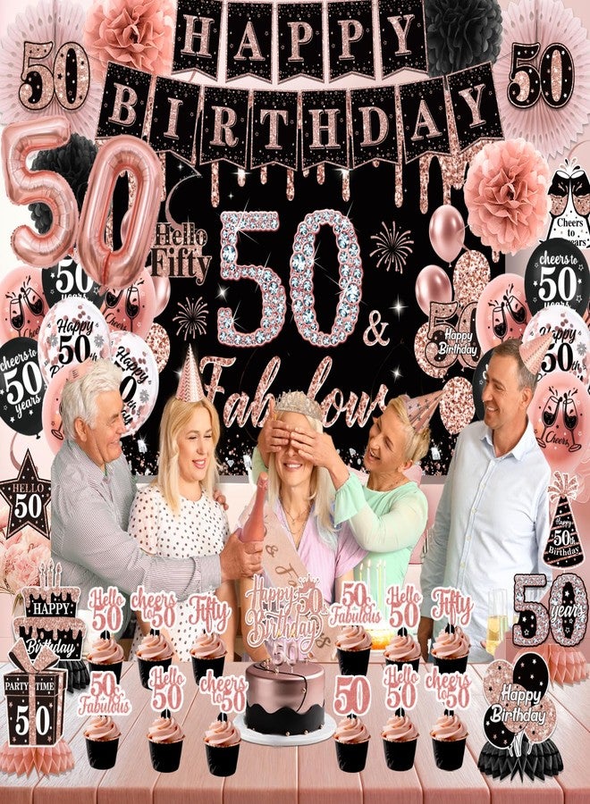 Peghoqu 50th Birthday Decorations for Women,Rose Gold 50th Birthday Decorations,Happy 50th Birthday Banner, Balloons,Hanging Swirls,Cake Topper,Backdrop,Crown,Sash,Paper Fans,for 50 Years Old Birthday Decor - Image 5