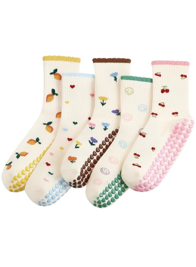 Halfchet 5 Pairs Women Crew Half Calf Pilates Grippy Socks Cute Yoga Ruffle Socks for Yoga Fitness Embroidery Pattern(Cute) - Image 1