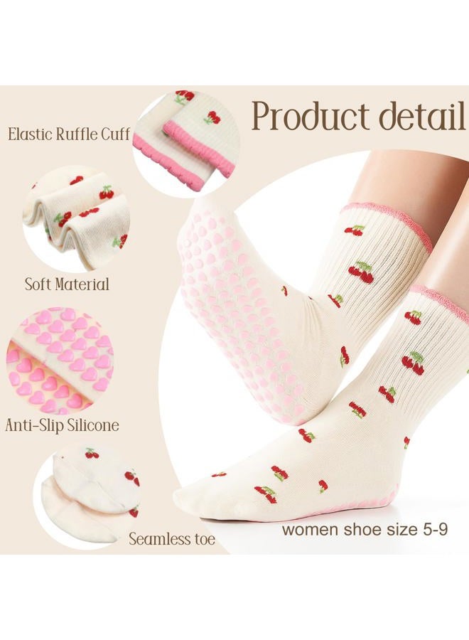 Halfchet 5 Pairs Women Crew Half Calf Pilates Grippy Socks Cute Yoga Ruffle Socks for Yoga Fitness Embroidery Pattern(Cute) - Image 4