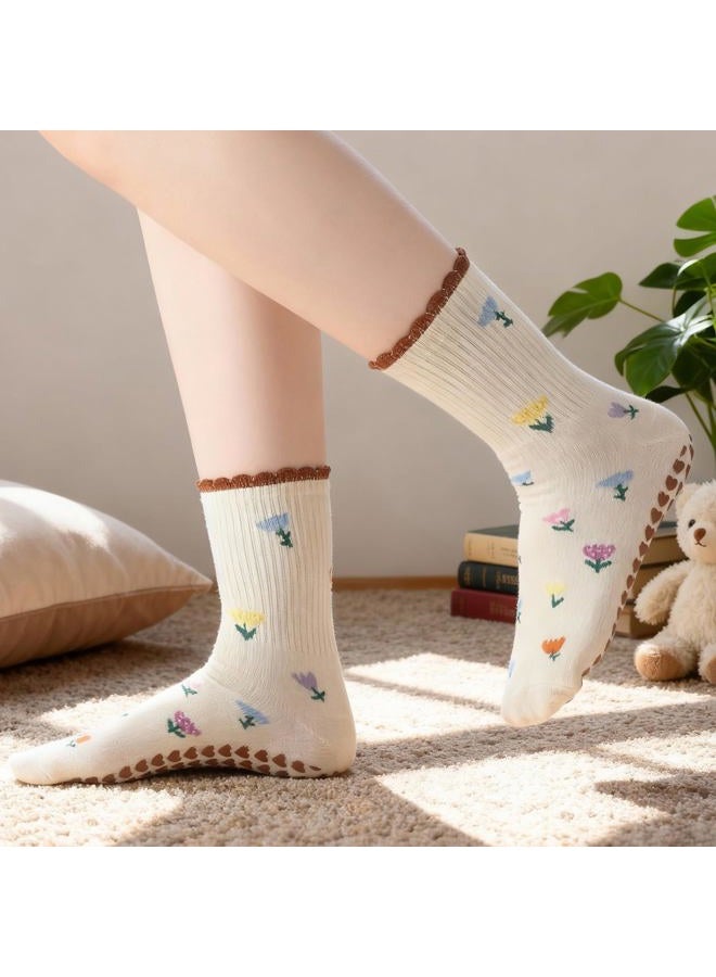 Halfchet 5 Pairs Women Crew Half Calf Pilates Grippy Socks Cute Yoga Ruffle Socks for Yoga Fitness Embroidery Pattern(Cute) - Image 2