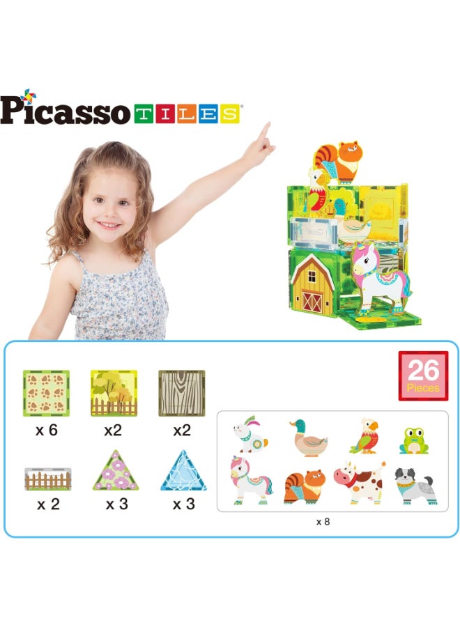 PicassoTiles 26pcs Magnetic Tiles Magnet Tile Building Blocks Printed Fall Farm Themed Animal Toy Set with 8 Farmyard Animals Character Action Figures STEM Learning Playset for Kids, Ages 3+ PTQ27 - Image 2